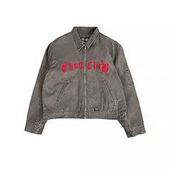 Thugclub co branded embroidered washed denim jacket for men and women in autumn and winter, Detroit washed distressed short and wide jacket
