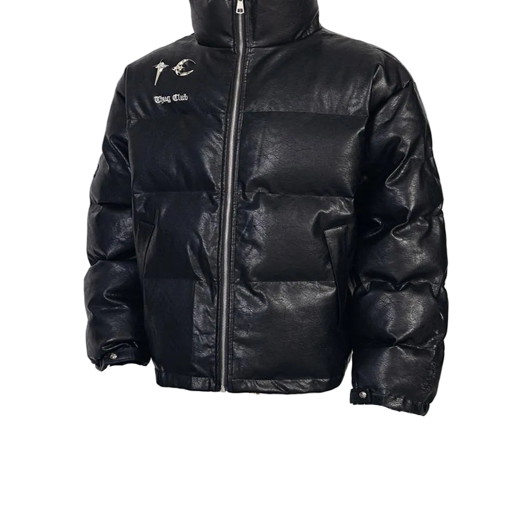 THUG CLUB Faux‑Leather Puffer Jacket