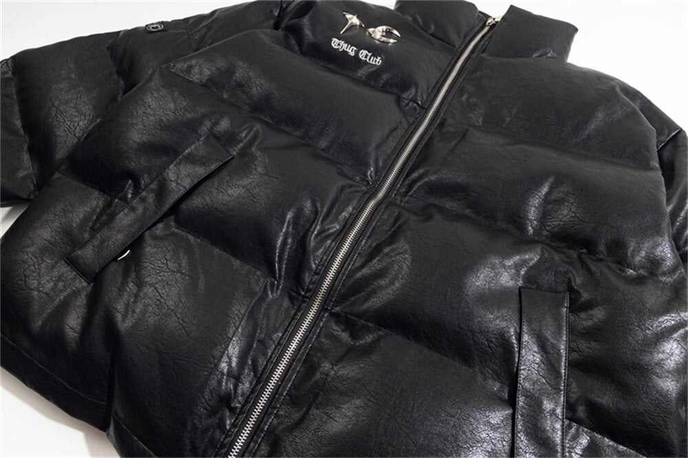 THUG CLUB Faux‑Leather Puffer Jacket