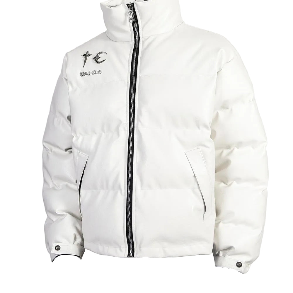 THUG CLUB White Faux‑Leather Puffer Jacket