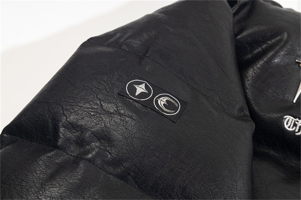 THUG CLUB Faux‑Leather Puffer Jacket
