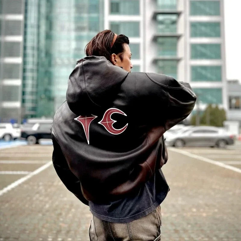 THUG CLUB High Street Park Jae Fan Shoulder Pad Jacket, Men's and Women's Loose Hooded Cotton Short Motorcycle Leather Jacket