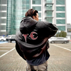 THUG CLUB High Street Park Jae Fan Shoulder Pad Jacket, Men's and Women's Loose Hooded Cotton Short Motorcycle Leather Jacket