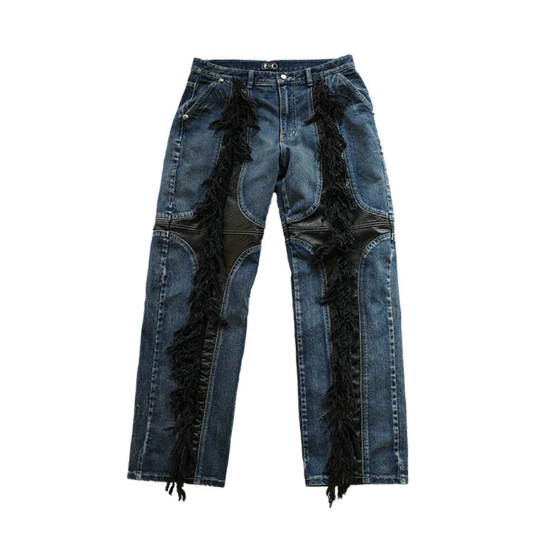 Thug Club Heavy duty Flow Su Mo Si Dry Splicing Leather Contrasting Straight Tube Niche Casual Washed Jeans for Men