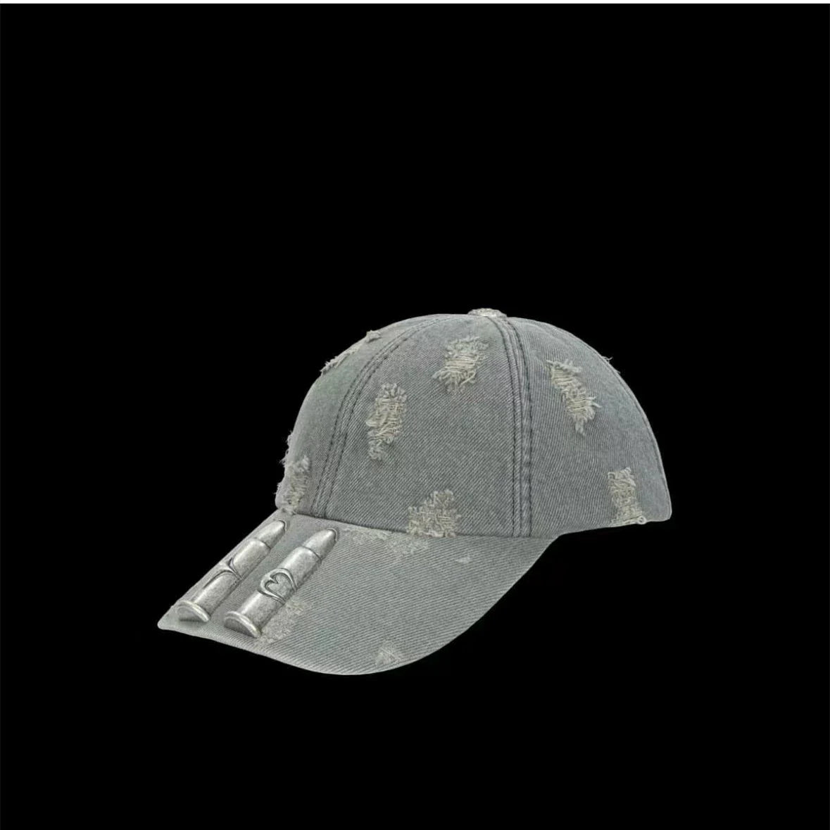 Thug Club Double Bullet Destruction Wind Used Baseball Hat unisex washed grey denim fabric