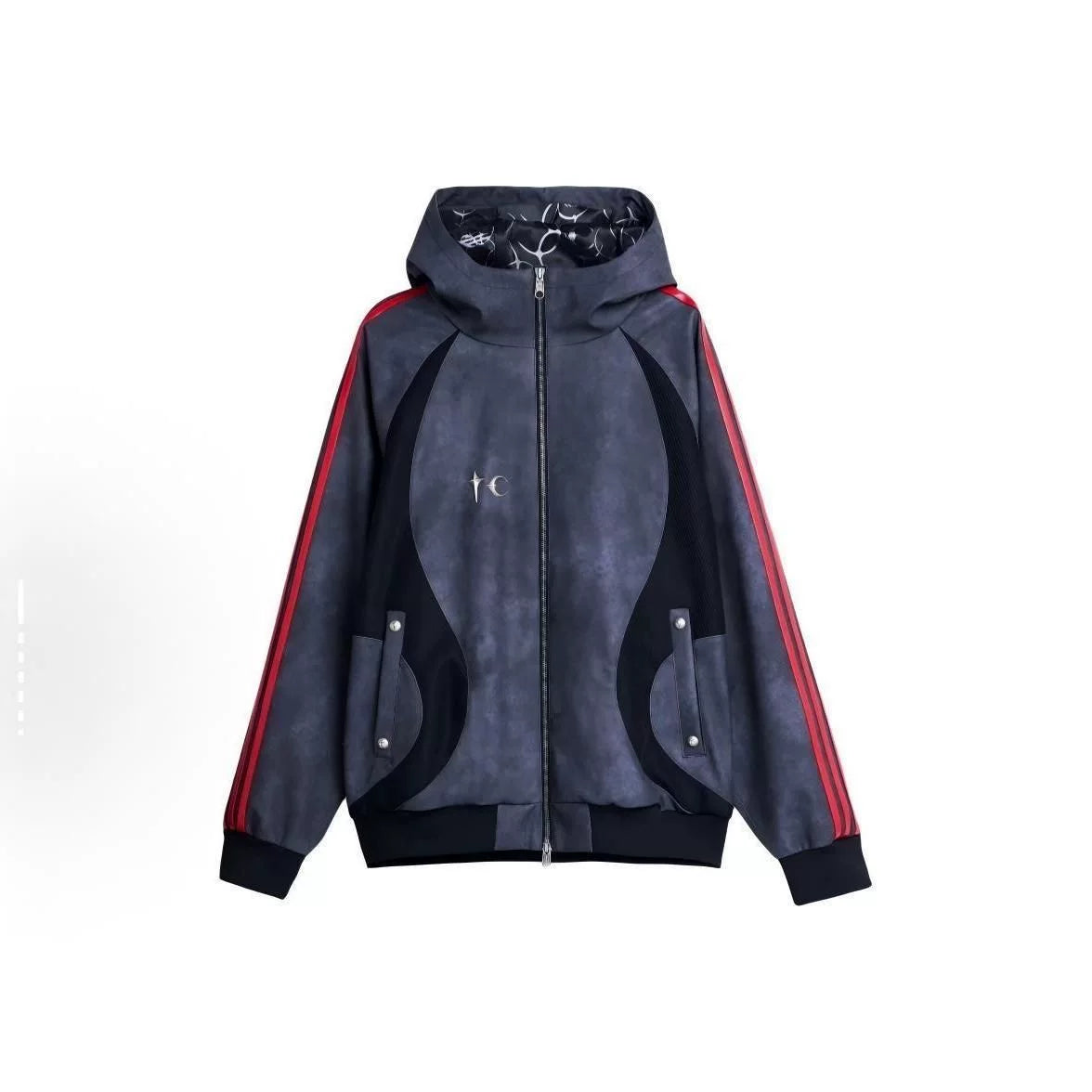 THUG CLUB collaboration Gali same PU leather jacket, three bar collaboration hooded spliced zipper jacket
