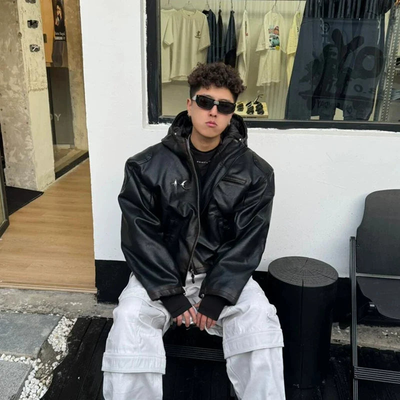 THUG CLUB High Street Park Jae Fan Shoulder Pad Jacket, Men's and Women's Loose Hooded Cotton Short Motorcycle Leather Jacket