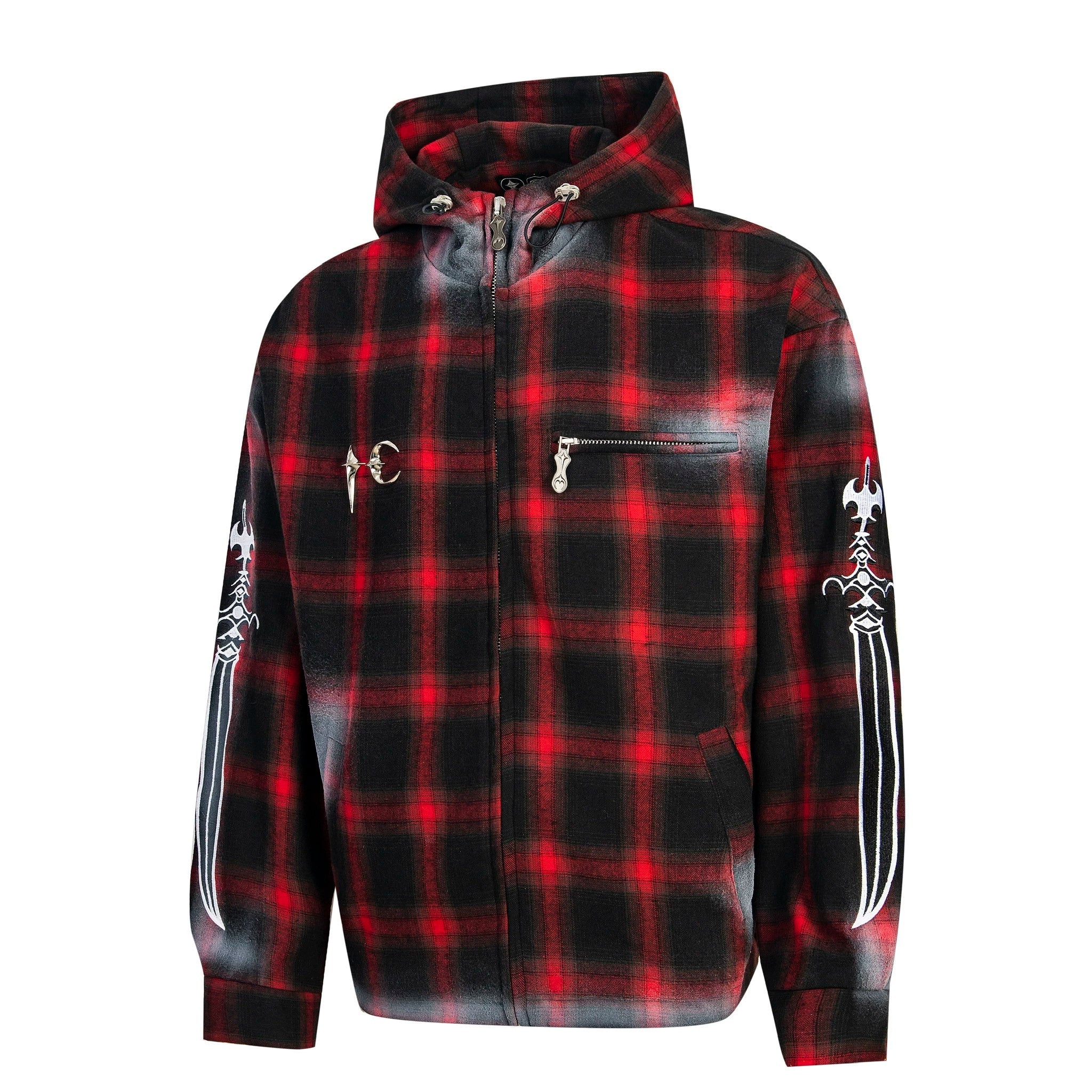 Thug Club Embroidered Checkered Flannel Heavy duty Vintage Thick Zipper Jacket Hooded Shirt for Men