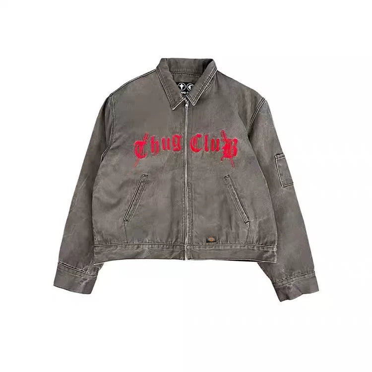 Thugclub co branded embroidered washed denim jacket for men and women in autumn and winter, Detroit washed distressed short and wide jacket