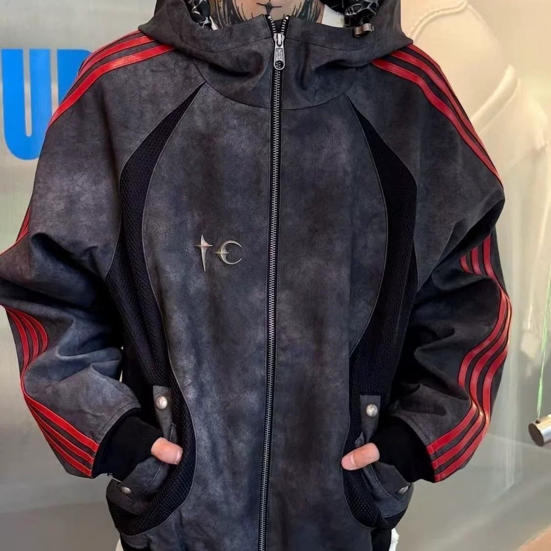 THUG CLUB collaboration Gali same PU leather jacket, three bar collaboration hooded spliced zipper jacket