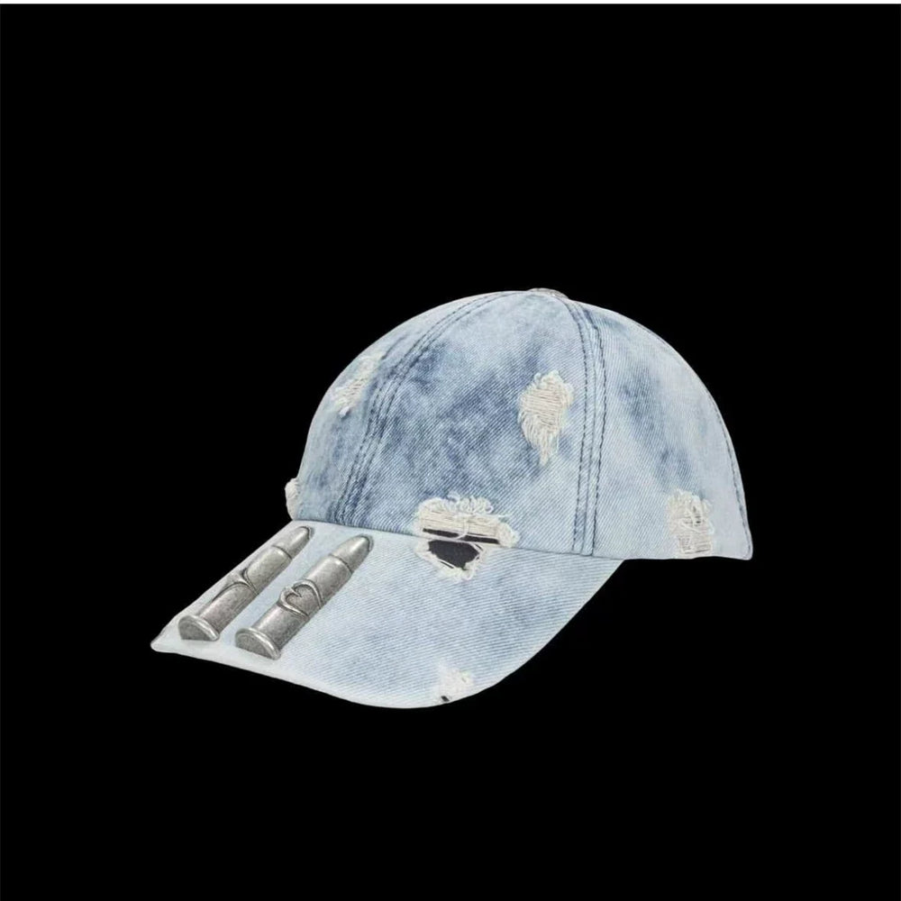 Thug Club Double Bullet Destruction Wind Used Baseball Hat unisex washed grey denim fabric