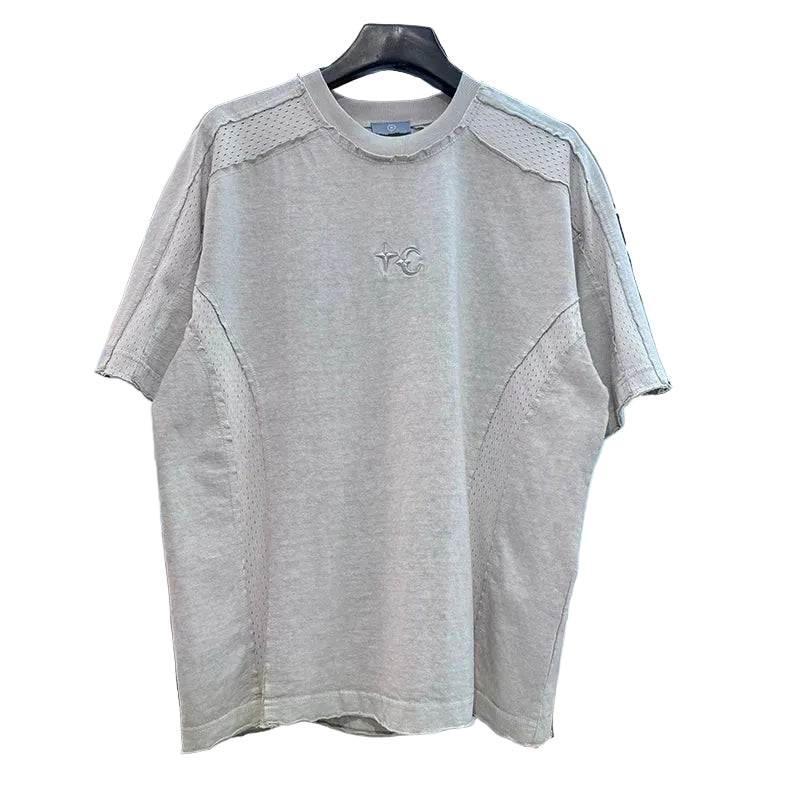 American High Street Embroidered Mesh Breathable Short Sleeve T-shirt Retro Vintage Vintage Youth Hip Hop T-shirt Grey Trendy Style Splicing Round Neck T-shirt
