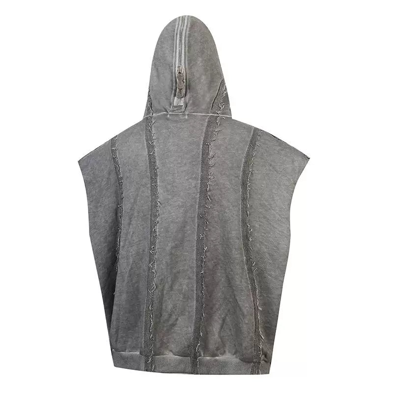 THUG CLUB 24 Spring/Summer Grey Vintage Haircut Hollow Design Metal Logo Men's Zipper Hooded Tank Top