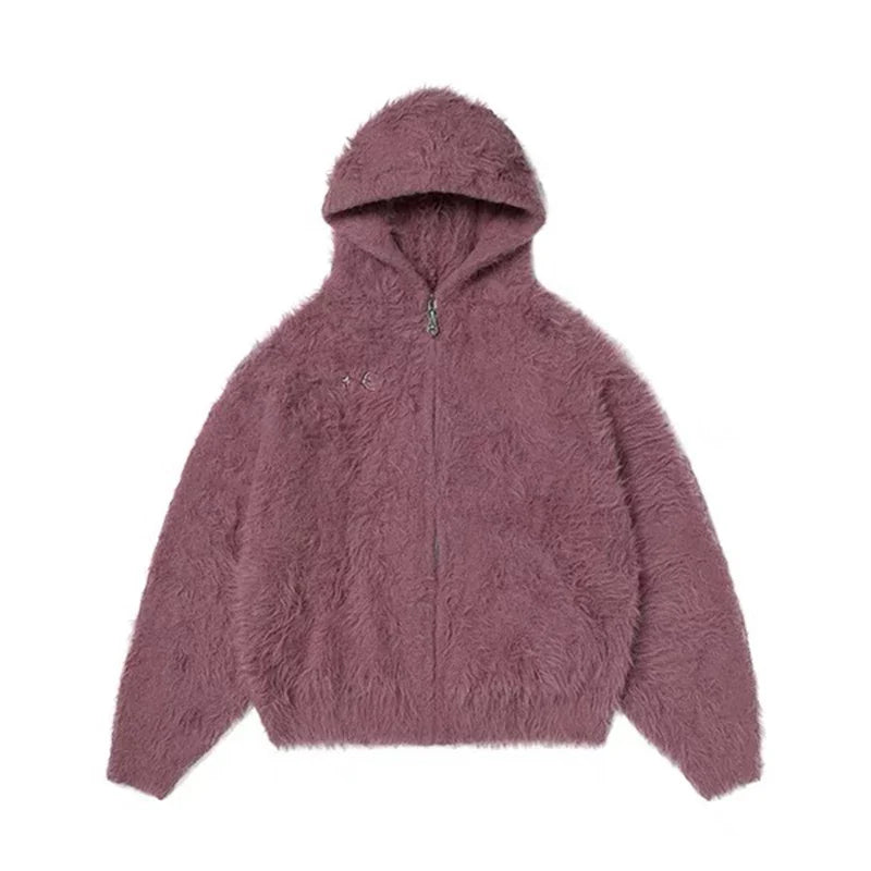 Thugclub imitation mink fur fur plush zipper pink cardigan jacket metal logo silhouette hooded sweater for men