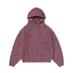 Thugclub imitation mink fur fur plush zipper pink cardigan jacket metal logo silhouette hooded sweater for men
