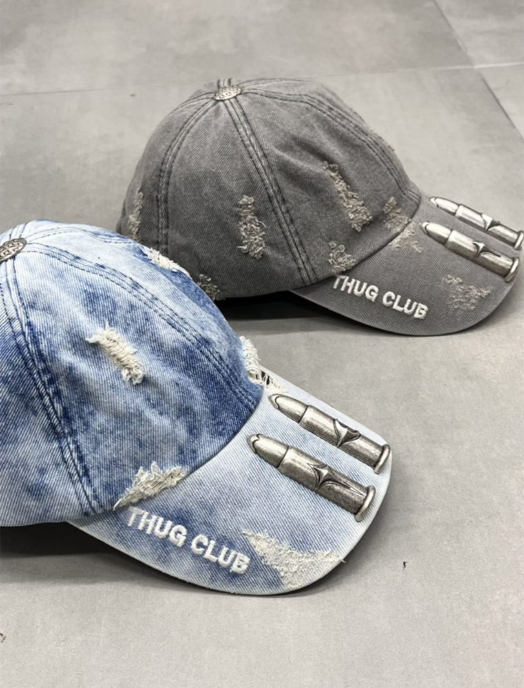 Thug Club Double Bullet Destruction Wind Used Baseball Hat unisex washed grey denim fabric