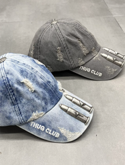 Thug Club Double Bullet Destruction Wind Used Baseball Hat unisex washed grey denim fabric