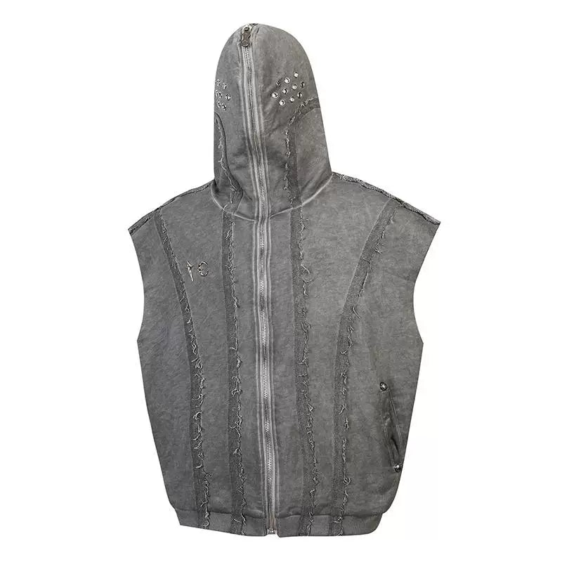 THUG CLUB 24 Spring/Summer Grey Vintage Haircut Hollow Design Metal Logo Men's Zipper Hooded Tank Top
