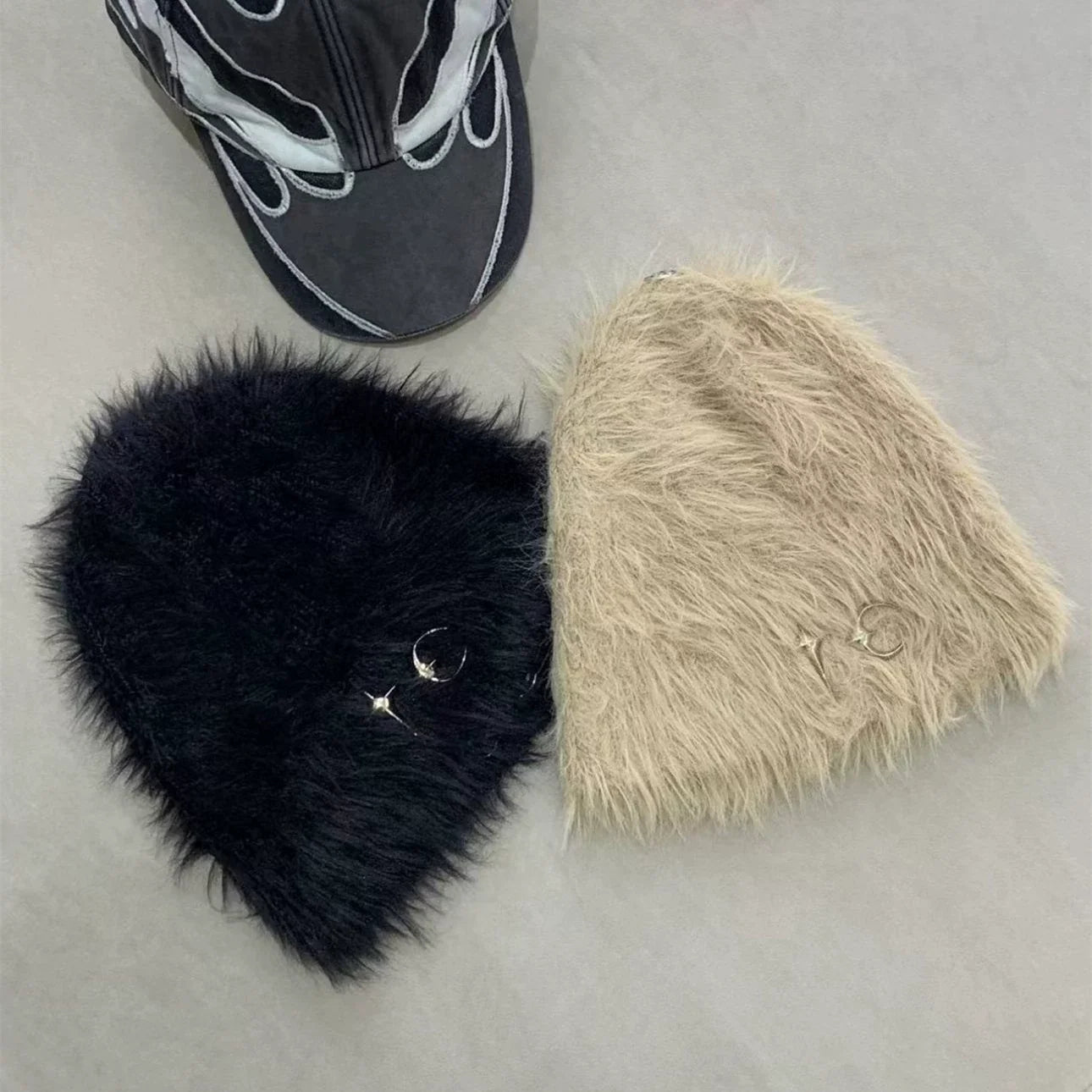 Thugclub Autumn/Winter Metal Star Moon Logo Hairy Knitted Plush Cold Hat 24FW