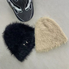 Thugclub Autumn/Winter Metal Star Moon Logo Hairy Knitted Plush Cold Hat 24FW