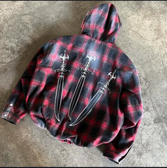 Thug Club Embroidered Checkered Flannel Heavy duty Vintage Thick Zipper Jacket Hooded Shirt for Men
