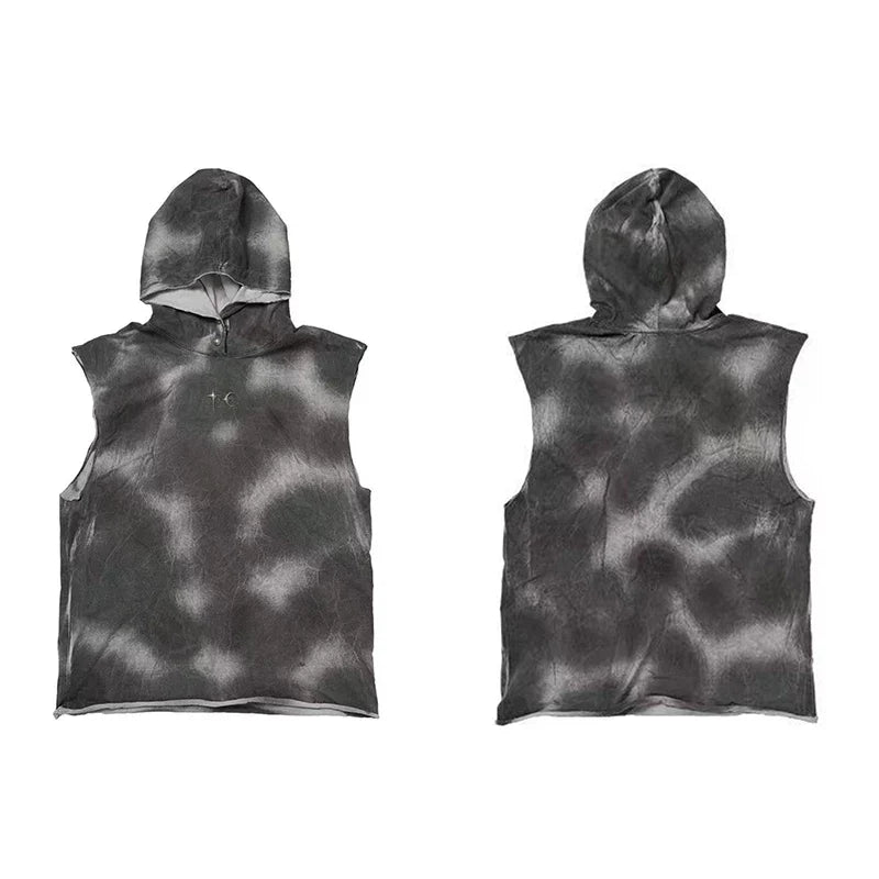 THUG CLUB summer vintage dirty dye tie dye camouflage star moon logo metal button sleeveless hooded vest for men