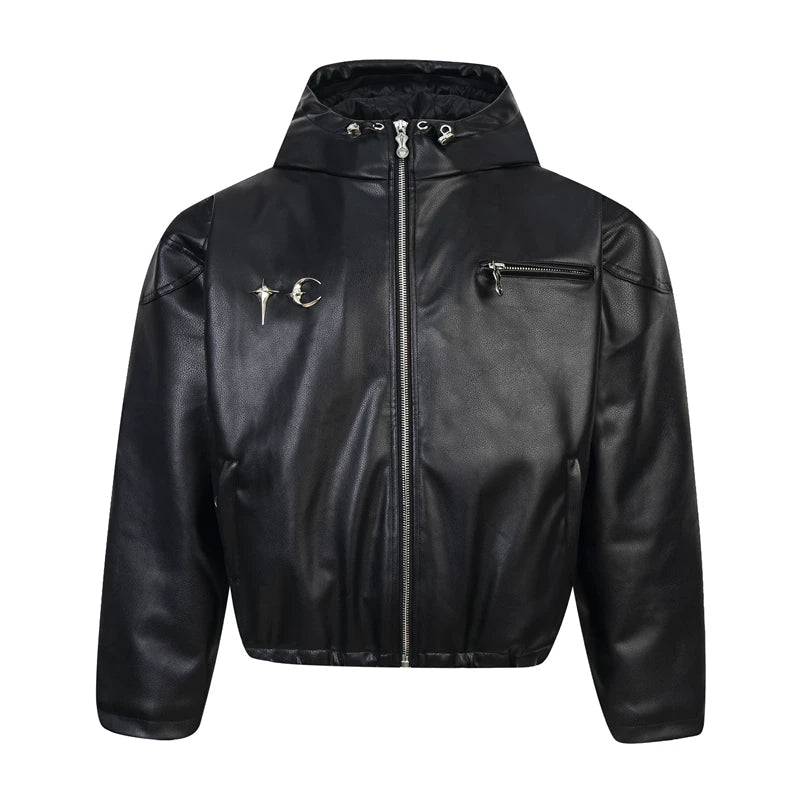 THUG CLUB High Street Park Jae Fan Shoulder Pad Jacket, Men's and Women's Loose Hooded Cotton Short Motorcycle Leather Jacket