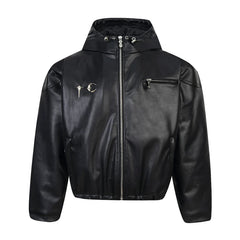 THUG CLUB High Street Park Jae Fan Shoulder Pad Jacket, Men's and Women's Loose Hooded Cotton Short Motorcycle Leather Jacket