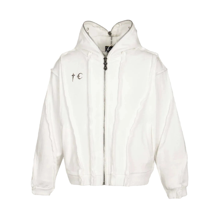 Thug Club White Raw‑Seam Cropped Zip‑Up Hoodie